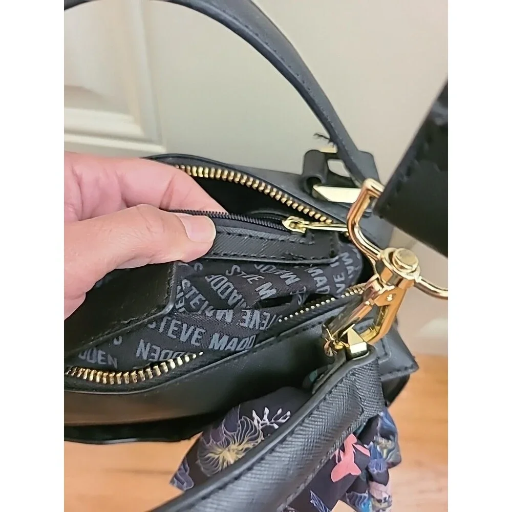 Steve Madden satchel crossbody bag Black Ribbon Gold zipper pockets - Picture 11 of 16